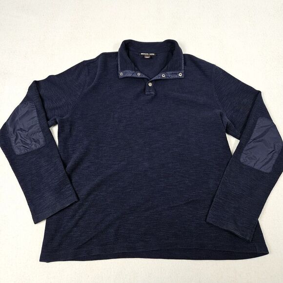 Michael Kors Henley Sweater Size Large Navy Blue Patch Elbows Business Casual - Picture 1 of 7